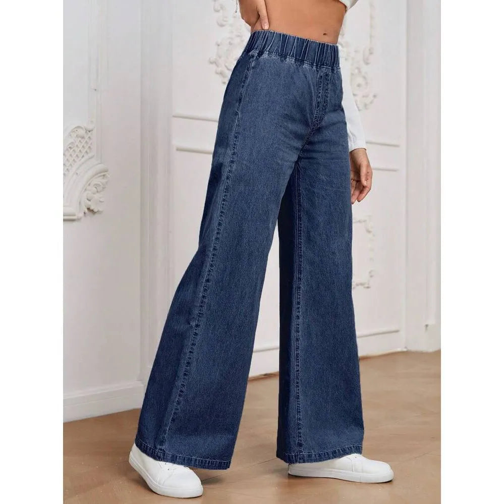 Light blue washed wide-leg women's jeans with straight leg and mid waist design