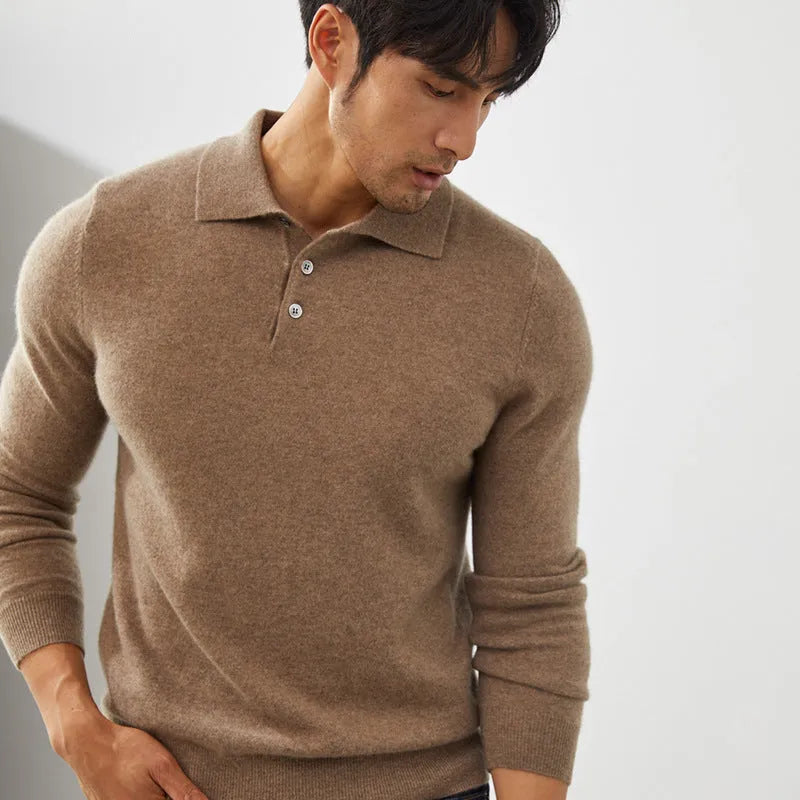 Men's loose fit cashmere pullover sweater with a ribbed polo collar in sapphire blue