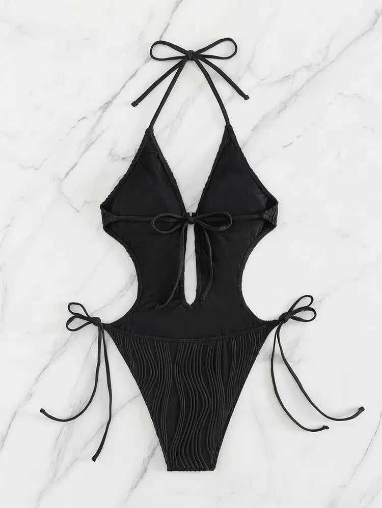 Women's black lace-up triangle bikini swimsuit with adjustable front detail