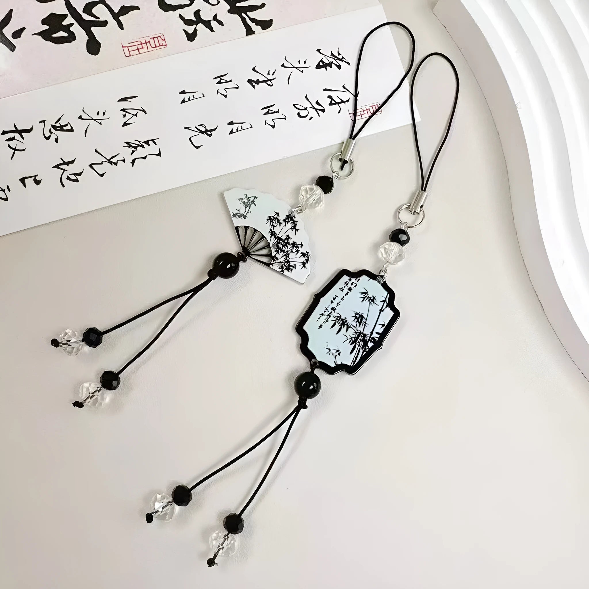 Guofeng style bead pendant keychain with plant and flower patterns in baked varnish finish