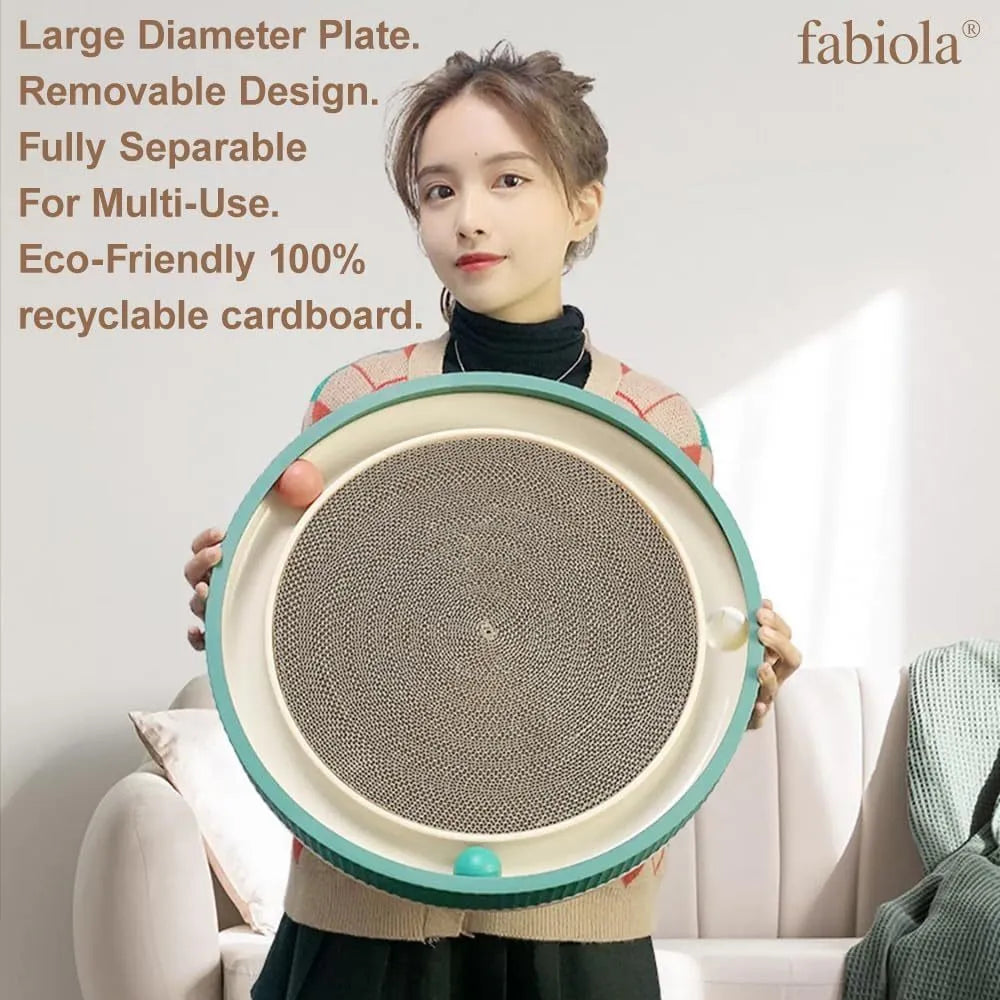 Large green cat scratching board with moving bell balls and replaceable cardboard core