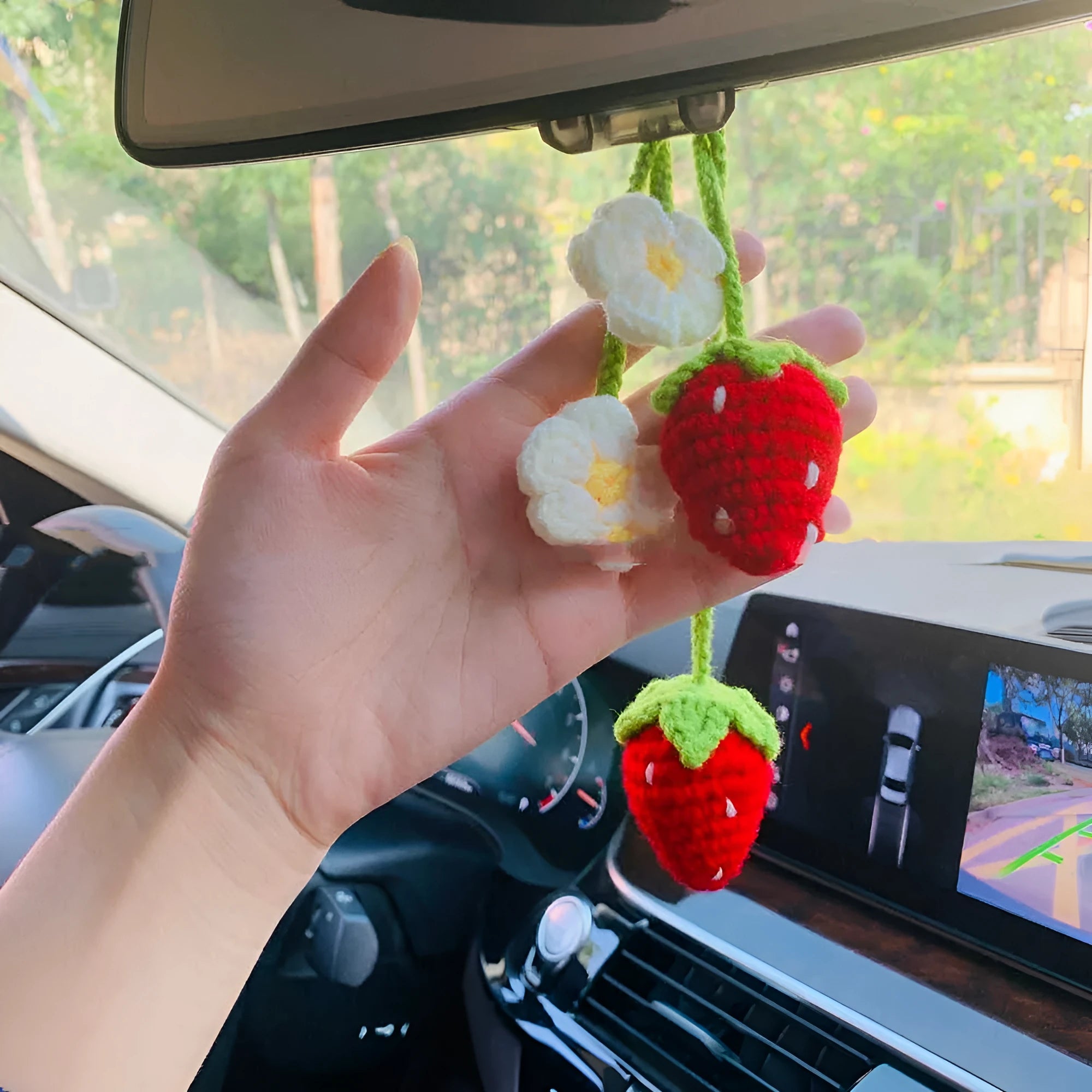 Handmade strawberry car pendant decoration with traditional hook knitting using cotton and hemp materials