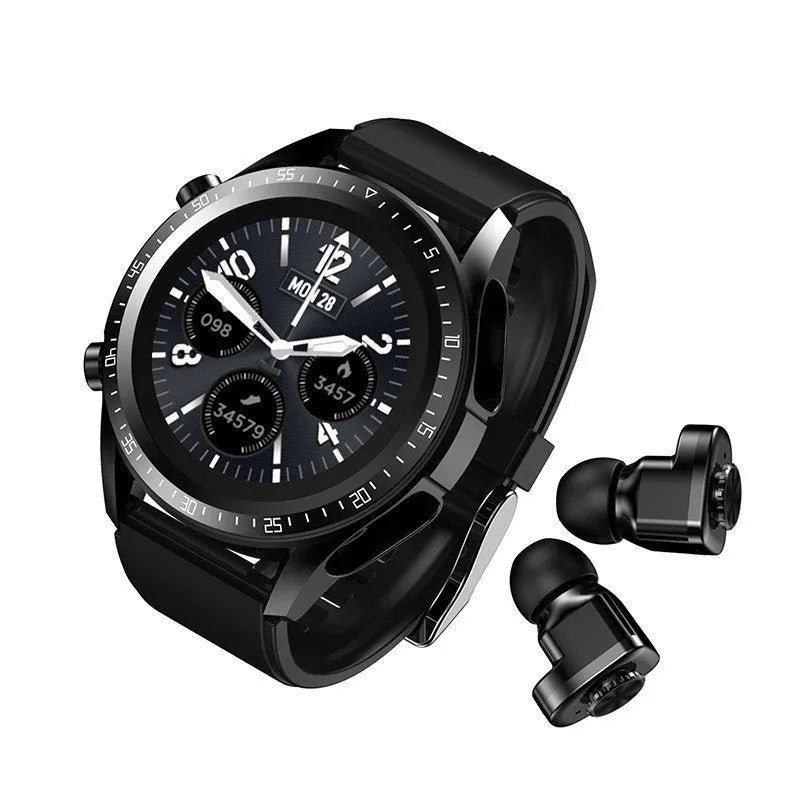 Black smartwatch with silicone strap showing blood pressure and oxygen monitoring on a 1.28-inch screen