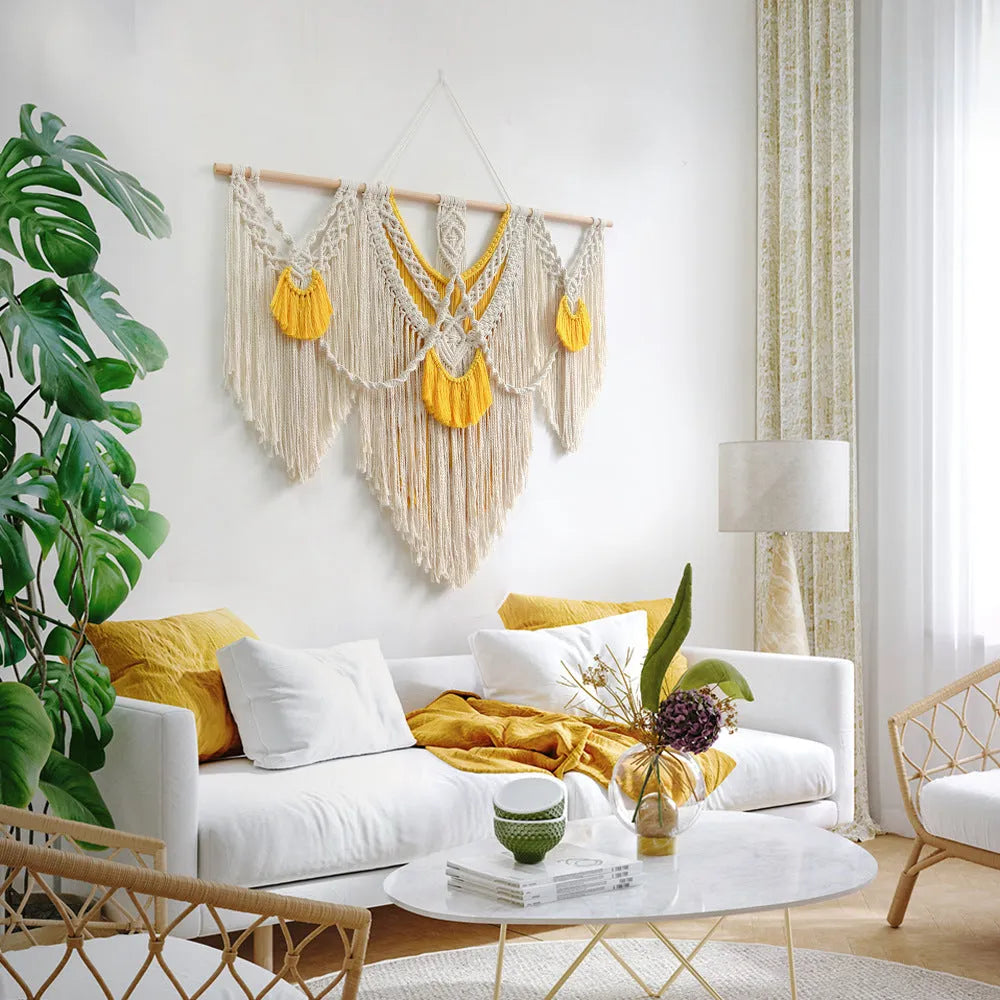 Hand-woven creamy white cotton tapestry with rectangular shape measuring 120cm by 95cm, showing textured Nordic style weaving