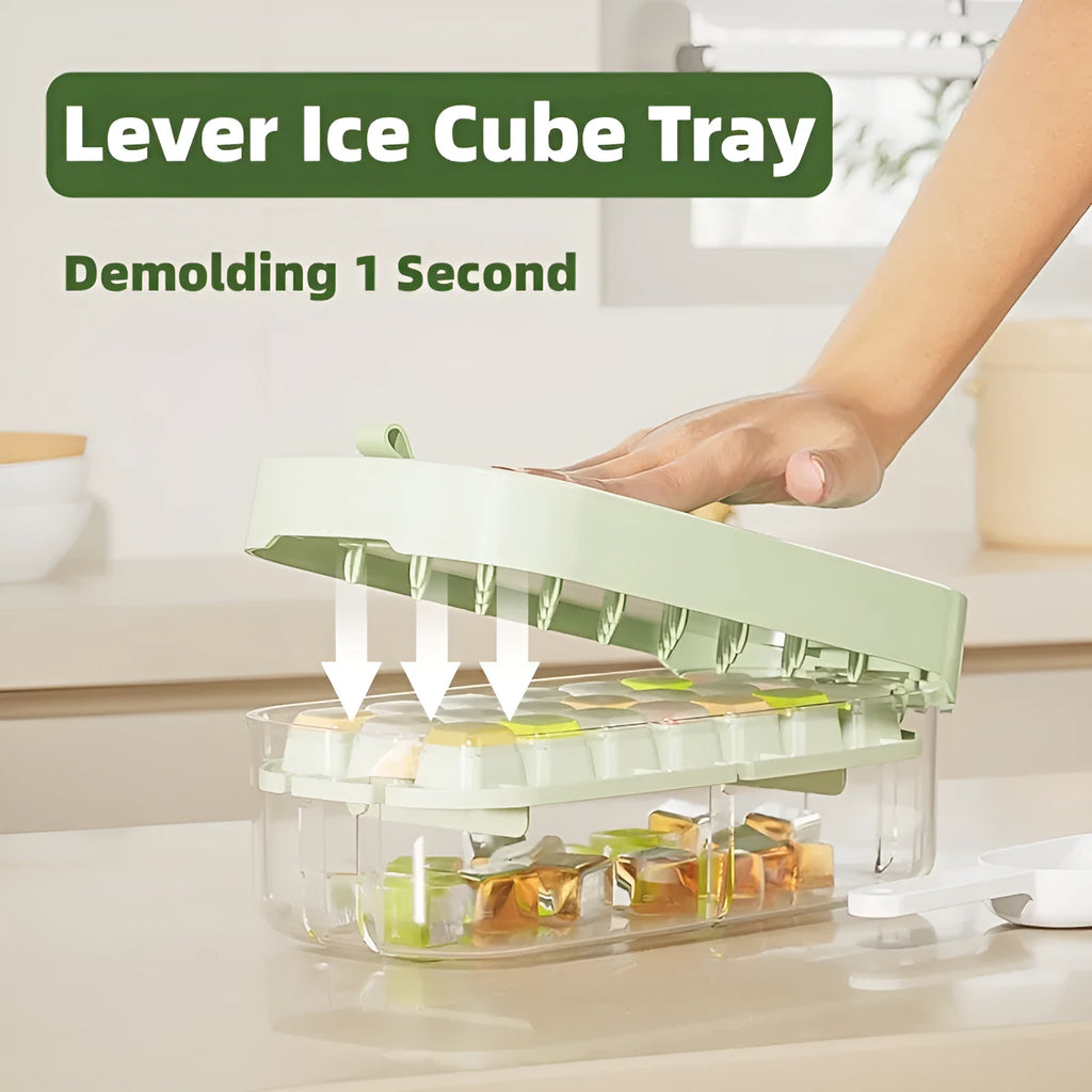 High-capacity plastic ice cube tray in blue with an ice shovel stored in a dedicated slot on the tray.