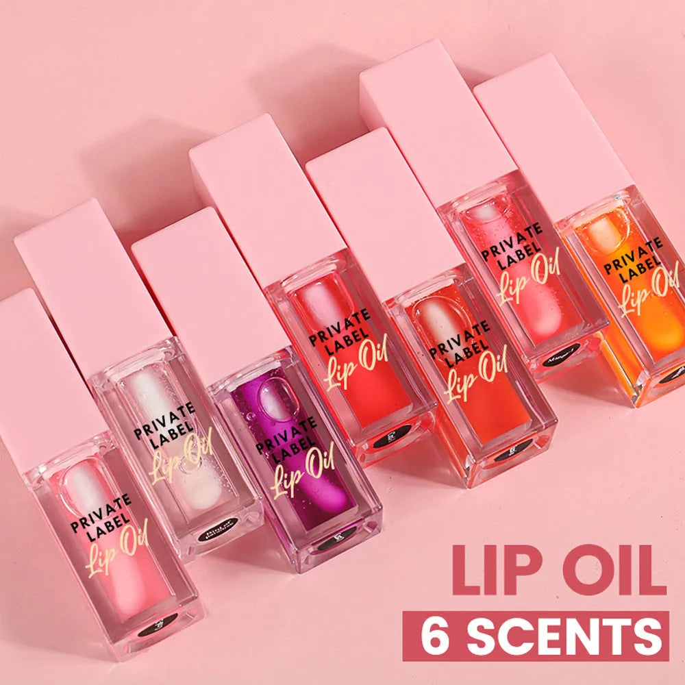 Set of six transparent women's lip glosses in 6ML tubes with various flavours.