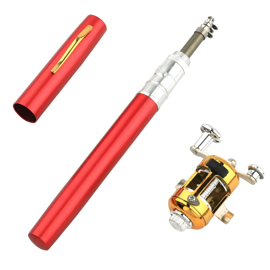 Telescopic pocket fishing rod and reel kit showing extended 1m rod and compact aluminium storage case