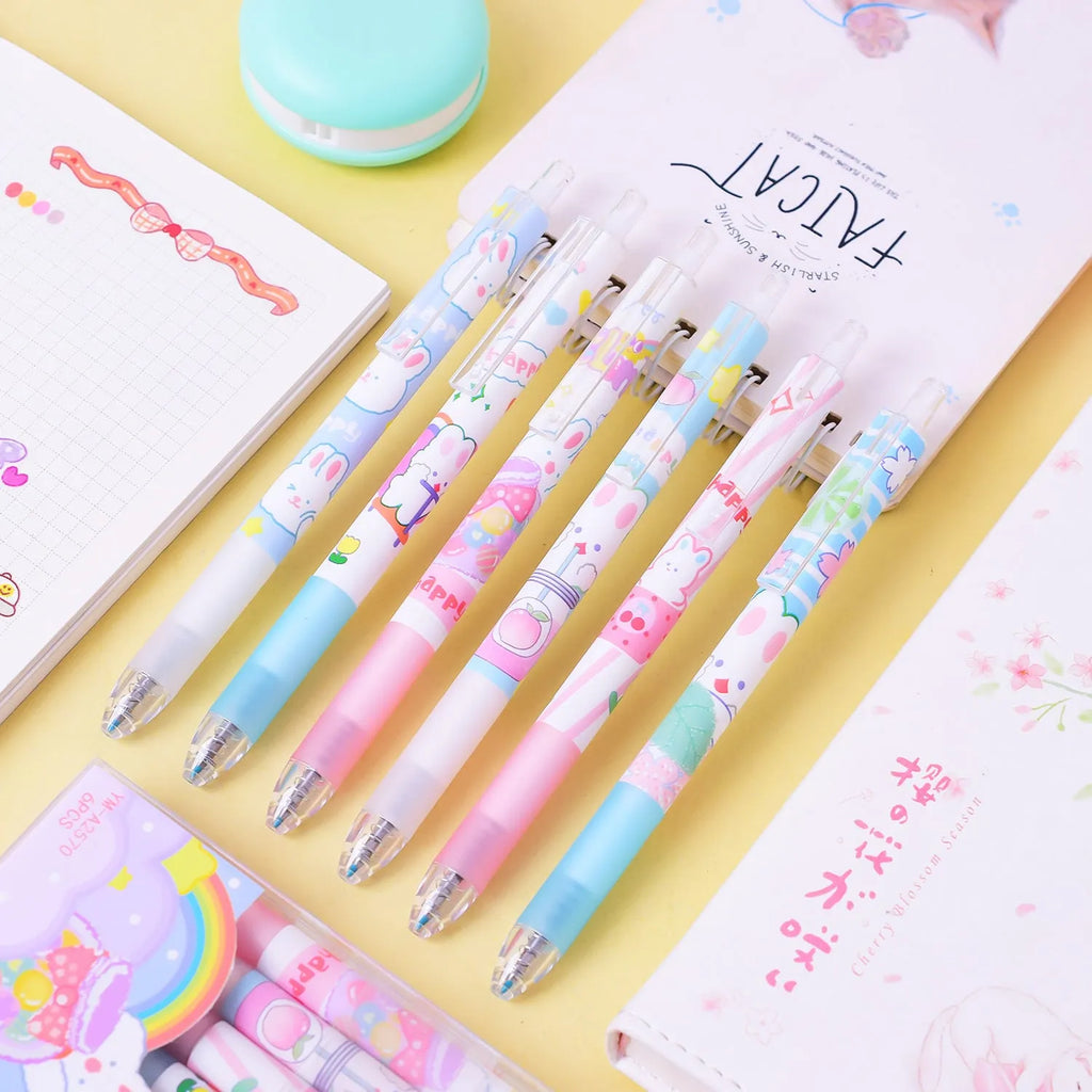 Six cartoon bunny design 0.5mm black signature pens arranged together showing plastic shells