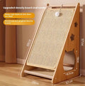 Vertical cat scratch board with hemp rope and integrated teasing ball attached to wall