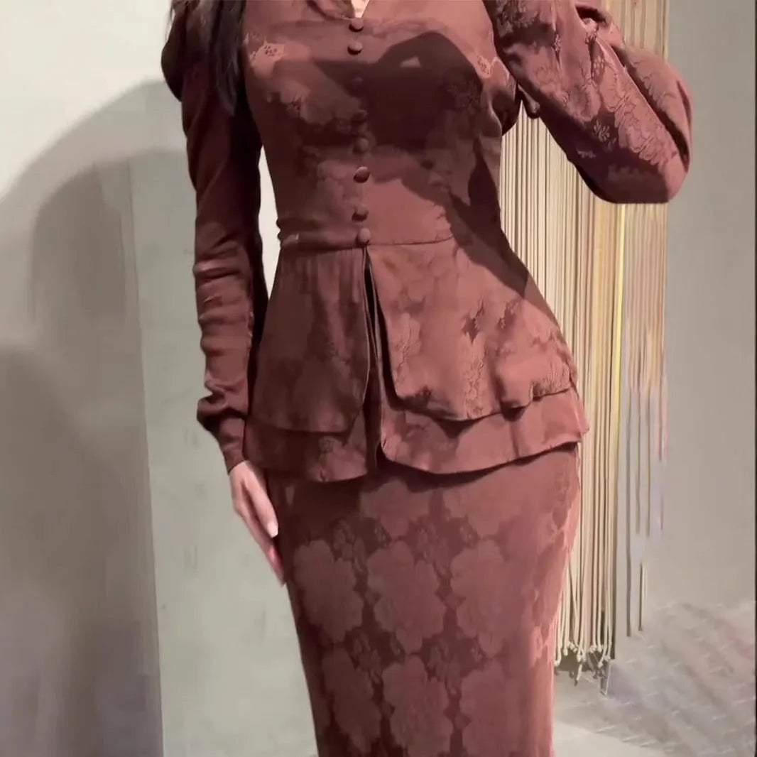 Dark brown artistic retro dress with floral pattern, long sleeves, and slim fit silhouette