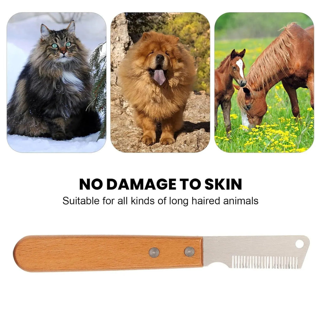 Pet stripping comb with wood handle for removing floating hair and mats from dogs and cats.