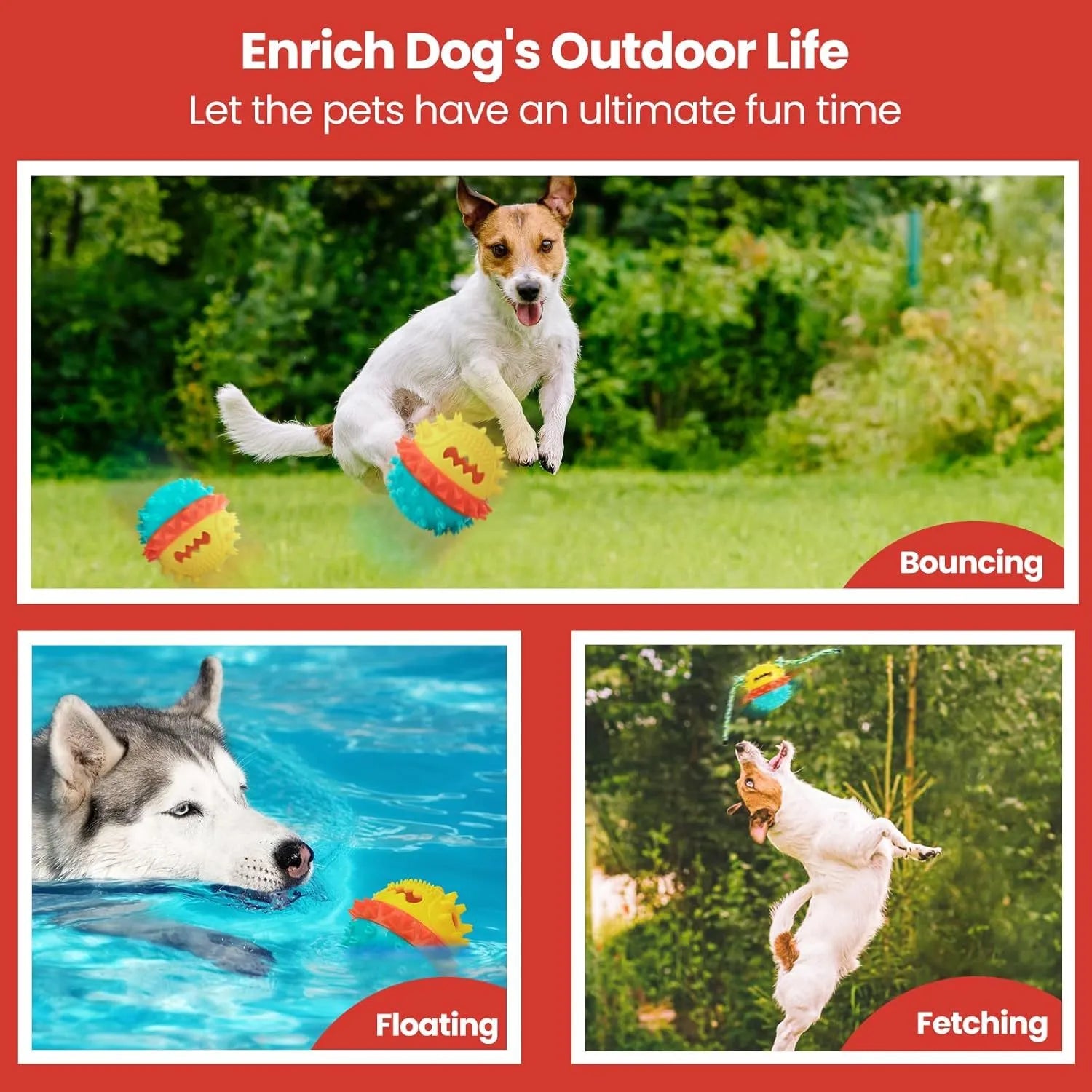 Blue and red squeaky treat-dispensing dog ball toy for large breeds on a plain background.