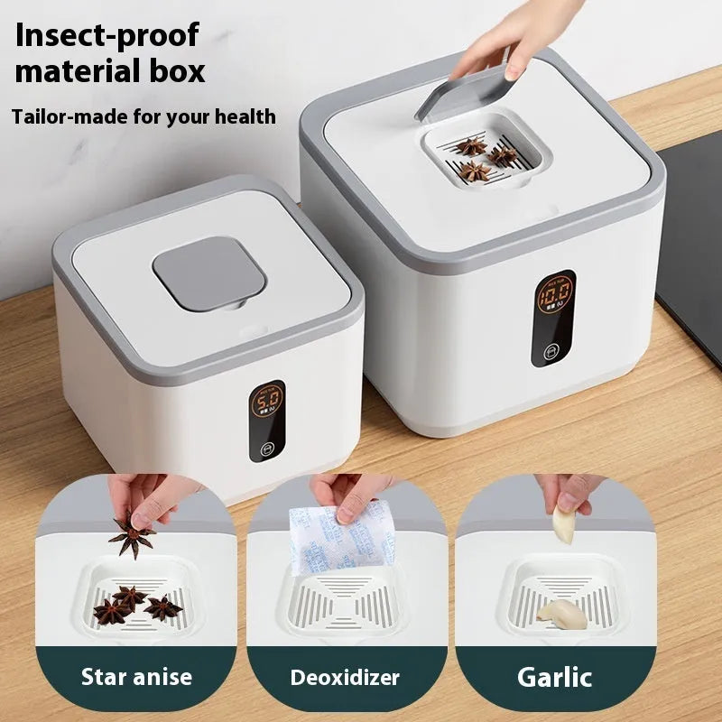 Grey plastic insect-proof rice storage jar with lid and measuring cup in 10kg, 20kg, or 30kg size.