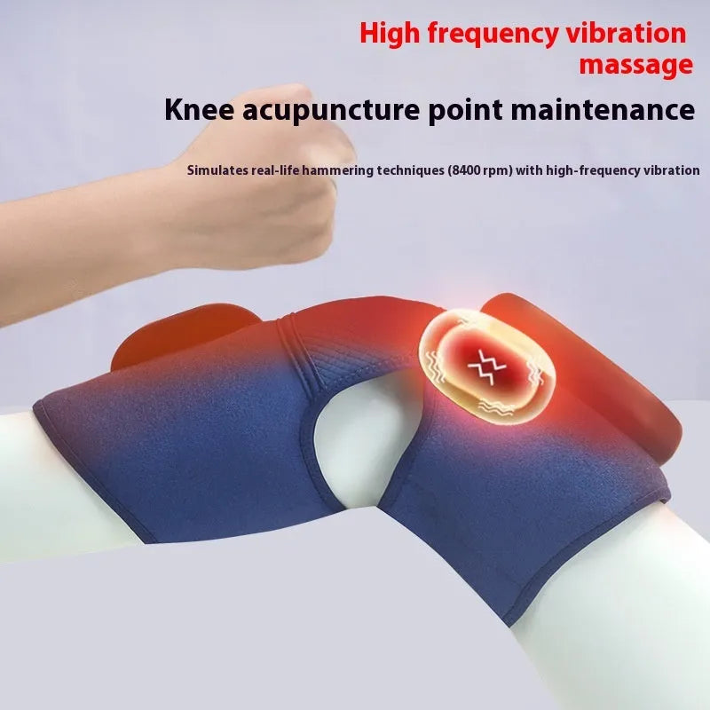 Airbag Blue self-heating knee massager showing wrap-around design for hot compress, vibration, and air pressure functions.