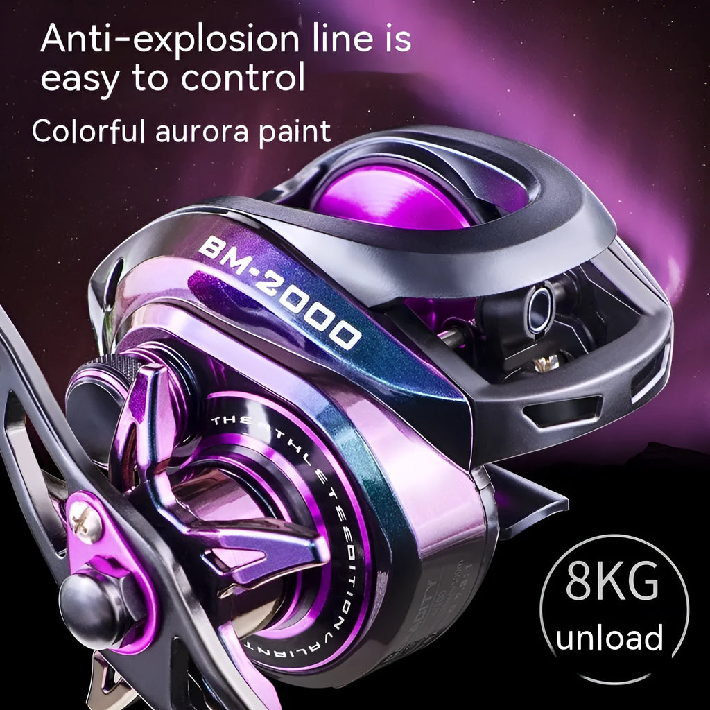 BM2000 fishing reel with colourful finish and water drop shape, showing left-hand and right-hand model options.
