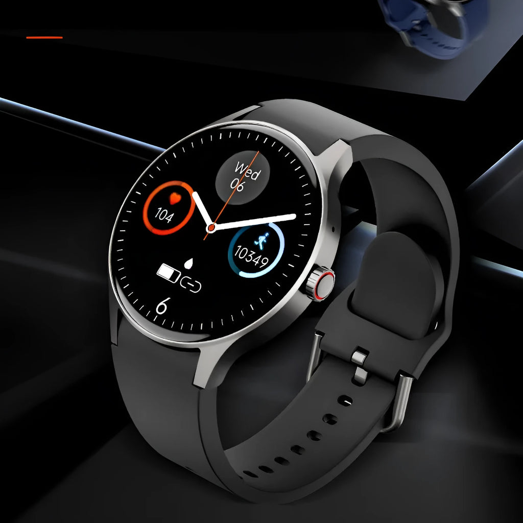 Smart watch with colourful AMOLED display showing health stats, on a silicone wristband.