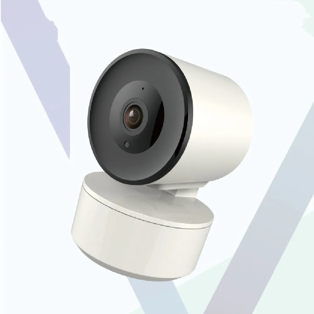 Indoor Wi-Fi security camera with pan-tilt capabilities showing 1080p HD resolution and night vision features