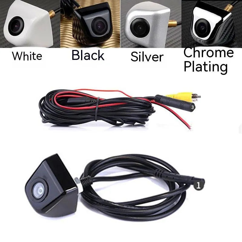 Screw plug-in HD car rearview camera with metal shell in black, shown with cable and mounting screws.