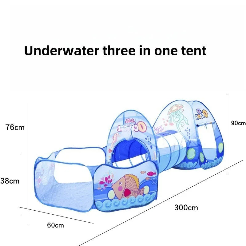 Underwater World children's tent with marine cartoon design, ball pool and tunnel components