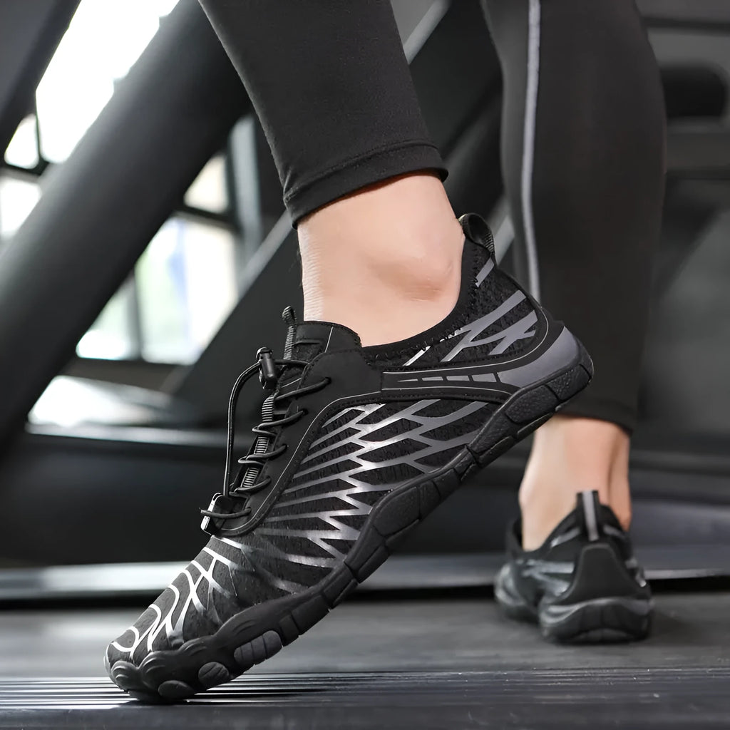 Upstream lace-up casual sports shoes in assorted colours on a white, black, pink, ash orange, or black blue background.