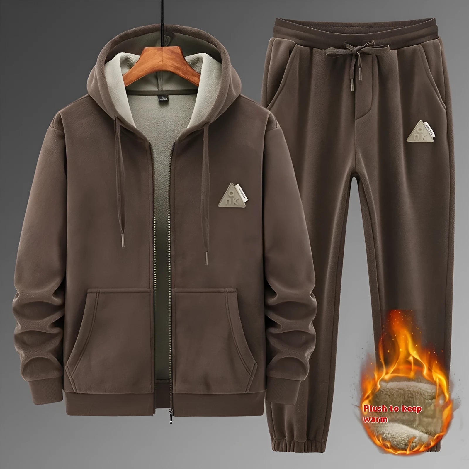 Men's grey cashmere hooded sweater and matching cotton blend pants casual sports suit set