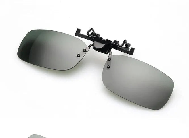 Plastic clip-on sunglasses attachment with interchangeable PC sheets for spectacle wearers.