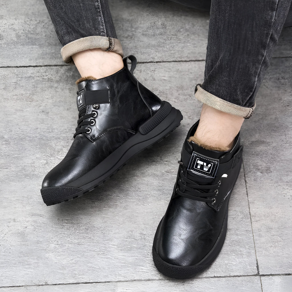 Men's black high-top Martin boots with velvet-style upper and rubber soles