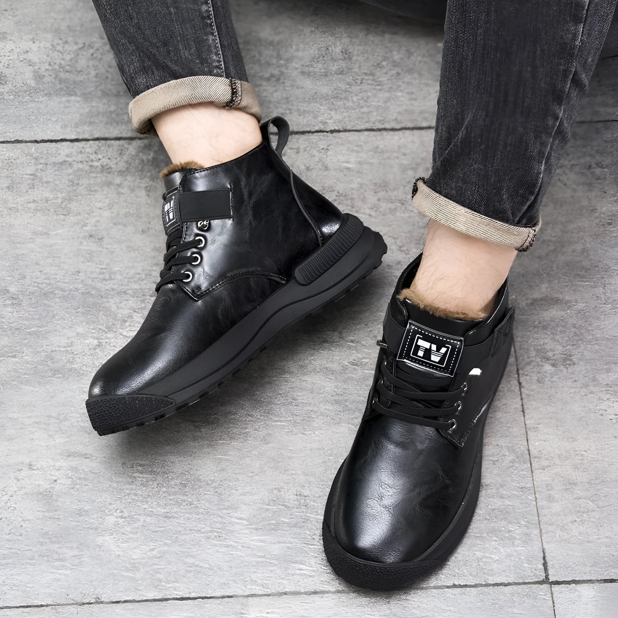 Men's black high-top Martin boots with velvet-style upper and rubber soles