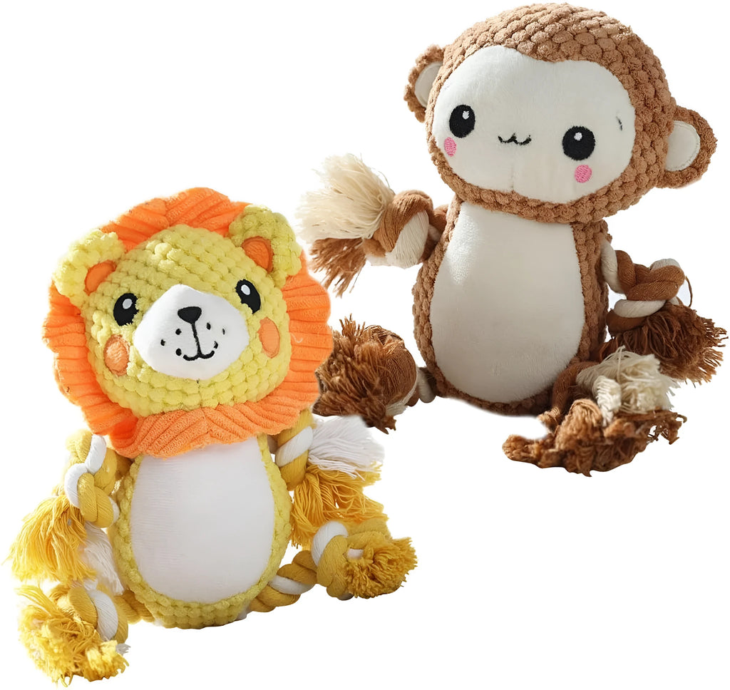 Plush squeaky dog toy bundle showing lion and monkey designs for medium to large dogs