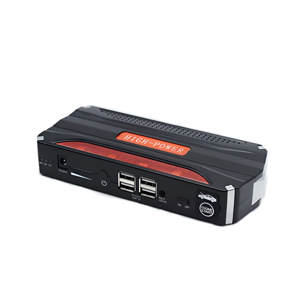 Black-red 12V emergency starting power supply with 7800mAh battery capacity measuring 178mm long