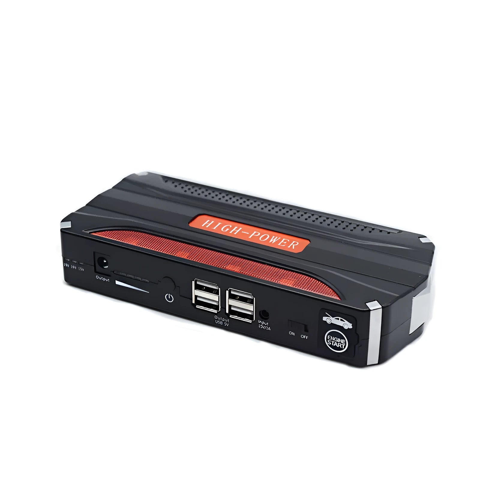 Black-red 12V emergency starting power supply with 7800mAh battery capacity measuring 178mm long