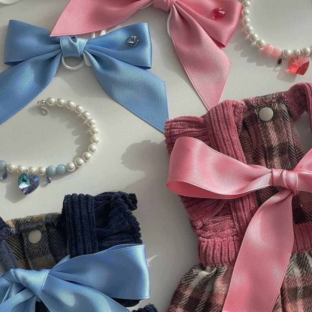Princess style bow dog hair band with tension adjustment on double-sided polyester cotton ribbon