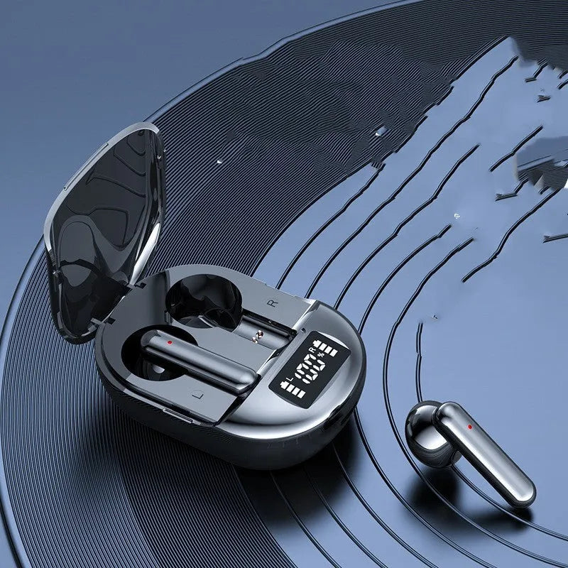 Black wireless Bluetooth in-ear headset with charging bin showing digital display screen
