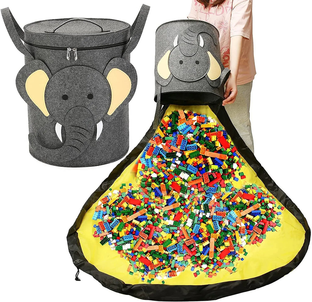 Green felt cube storage bag transformed into flat play mat with pull rope