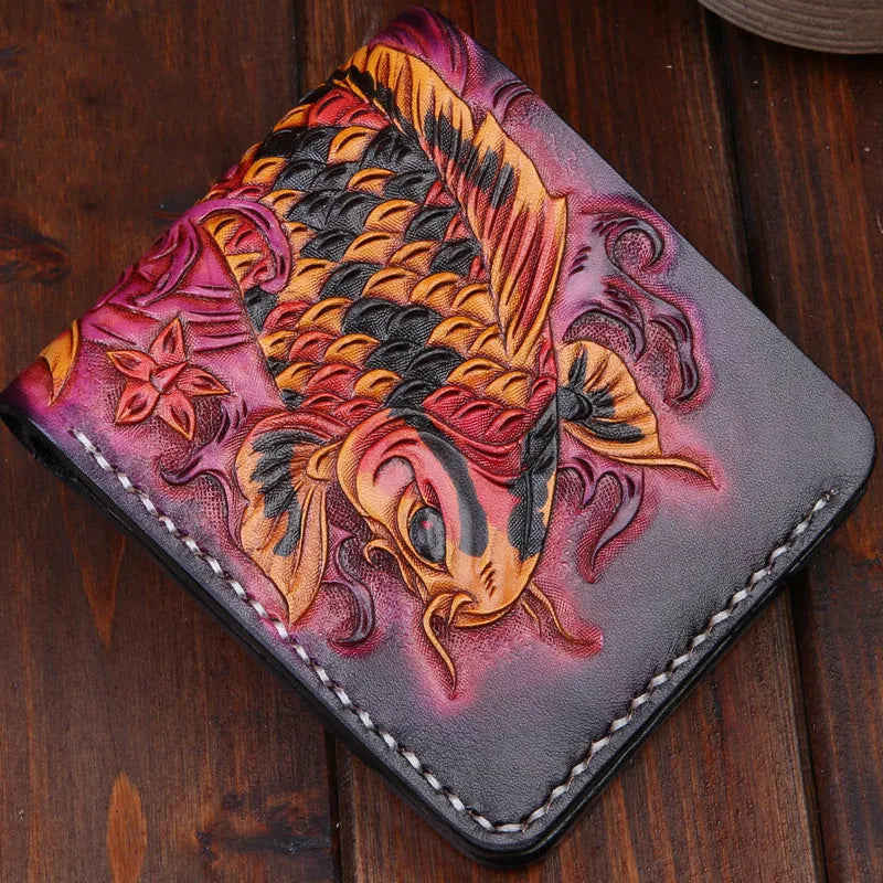 Handcrafted red cow leather men's short wallet with open closure, shown next to a blue and gold version.