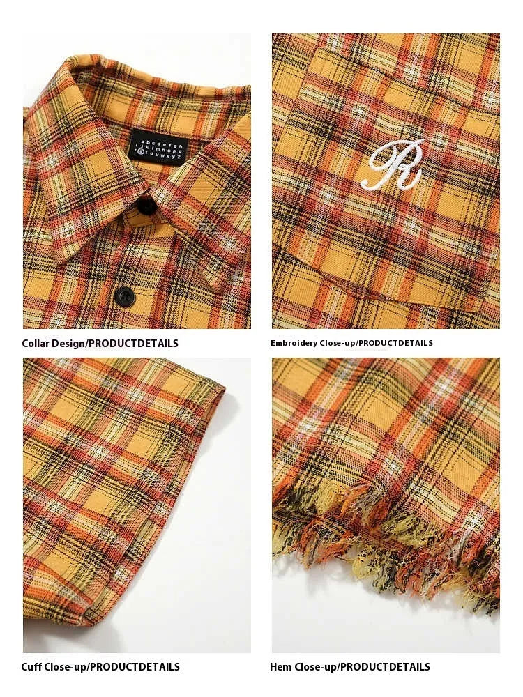 Yellow plaid short sleeve shirt with embroidered pocket detail in loose fit style