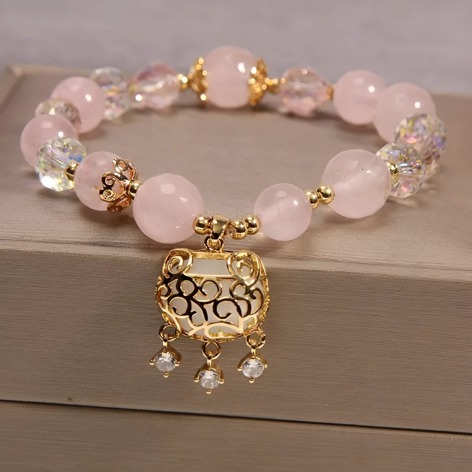 Khaki crystal bracelet with gold silk threading details for women