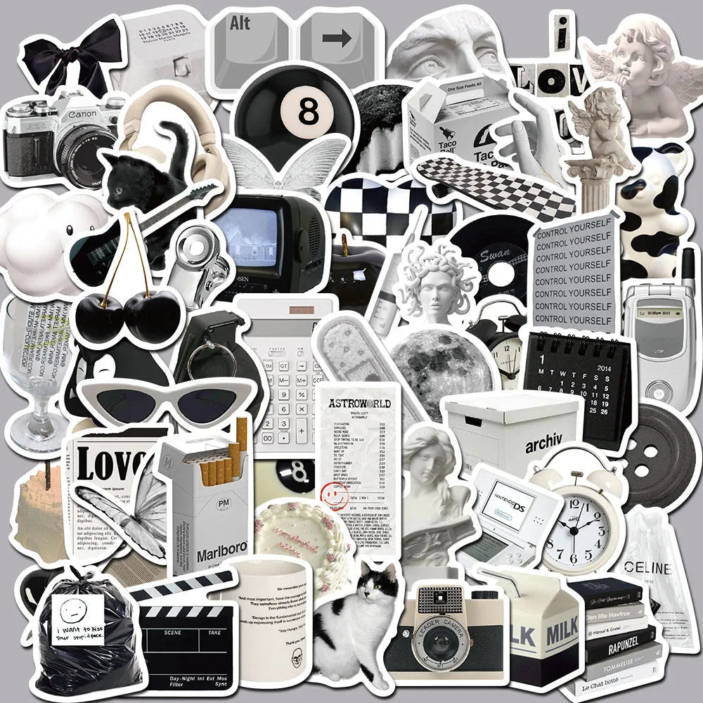 61 piece black and white waterproof PVC sticker set for multiple surfaces