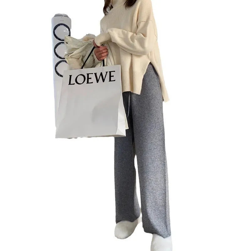 Women's high-waist wide-leg knitted trousers in black winter casual style