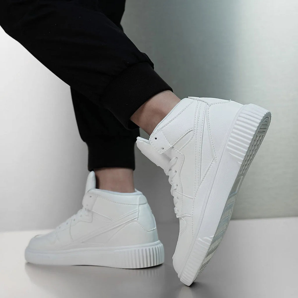 White men's round-toe casual shoes with a microfiber upper on a plain background.