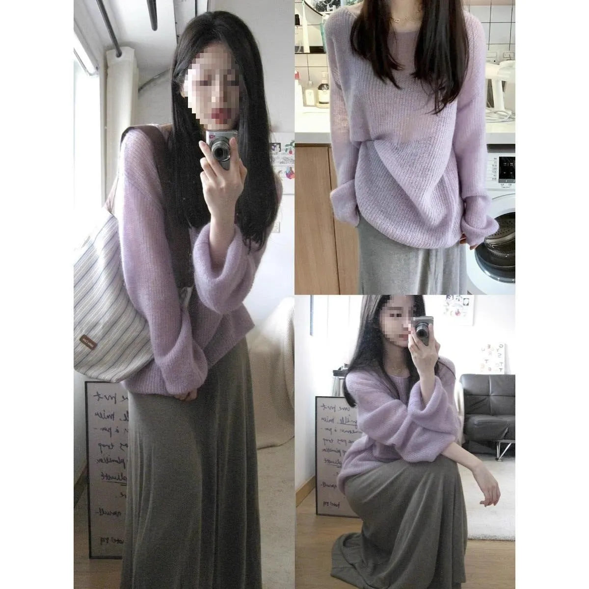 Purple women's blouse with princess sleeves and hollow out detailing, made from ice silk fabric.