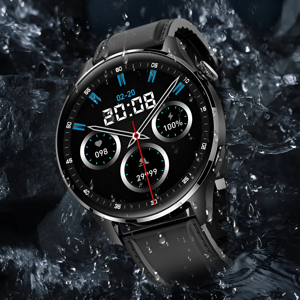 Black smartwatch with round colour screen and silicone strap on a wrist.