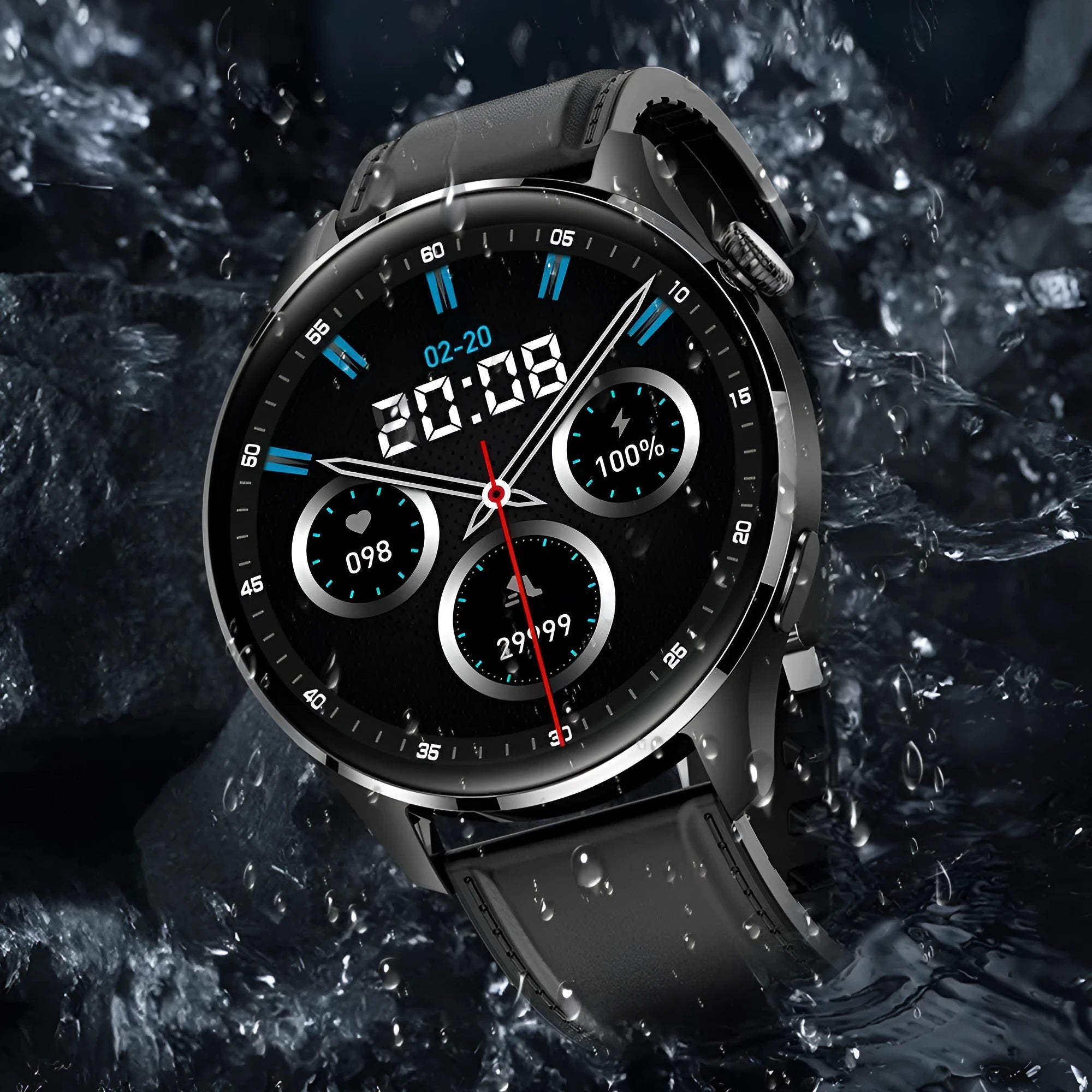 Black smartwatch with round colour screen and silicone strap on a wrist.