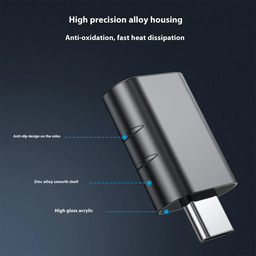 Zinc alloy USB-C to USB-A converter adapter in metallic finish for 10Gbps data and charging