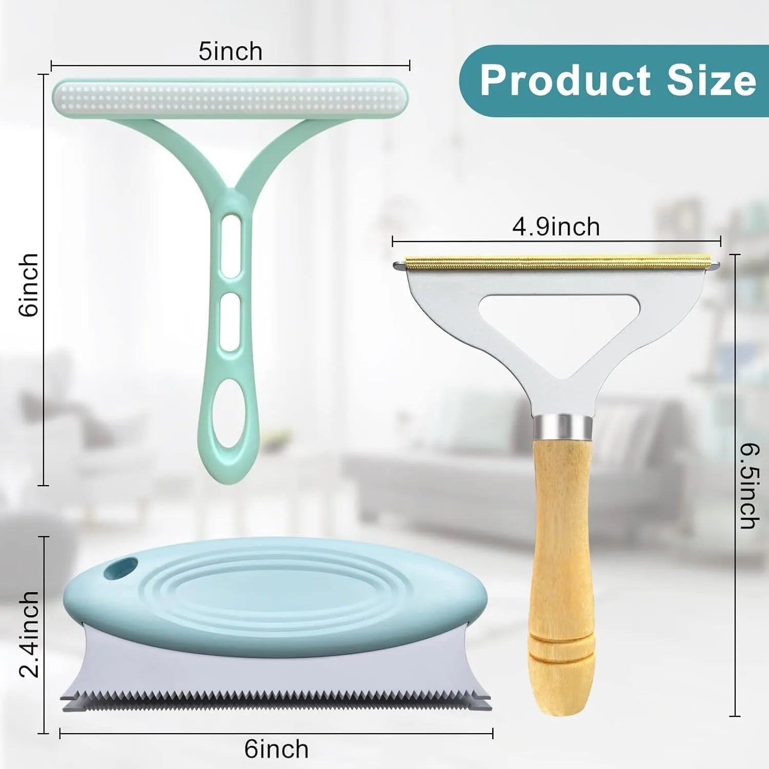 Green 3-piece pet hair remover set with metal scraper, silicone brush, and round plastic cleaner.