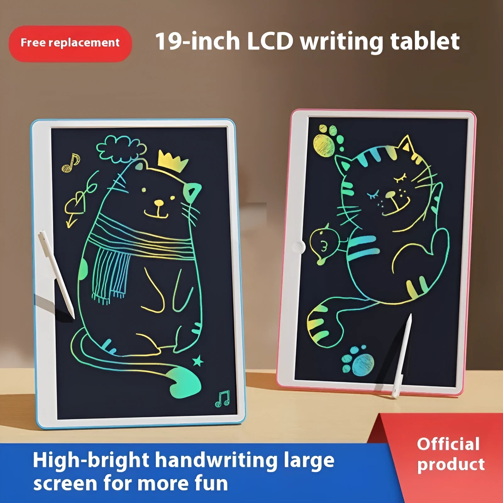 19-inch LCD drawing board for kids in blue and white or pink and white colours.