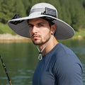 A beige solar-powered fan hat for men with a wide brim and a built-in fan on the front.