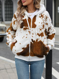 Yellow brown cow animal print hooded cardigan jacket with zipper and regular sleeves