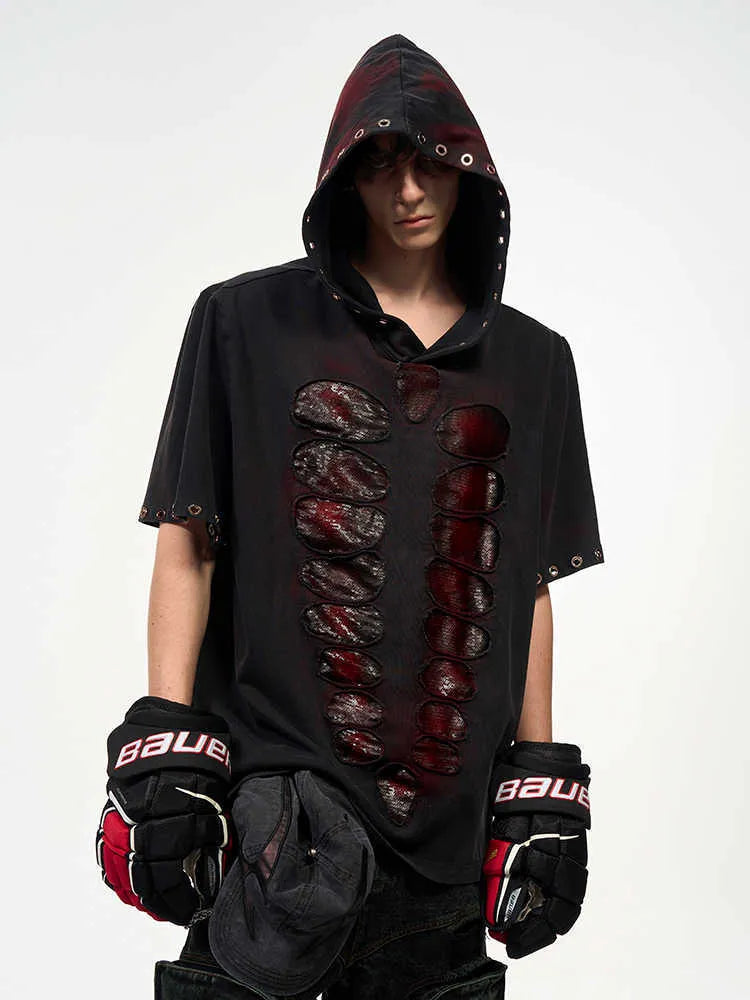 Black mens hooded t-shirt with sequin decoration and short sleeves