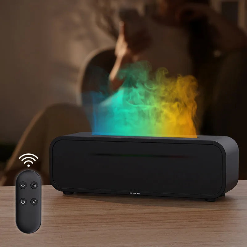 Black Flame Dynamic essential oil aroma diffuser with remote control on a wooden table, showing colour-changing LED lights.